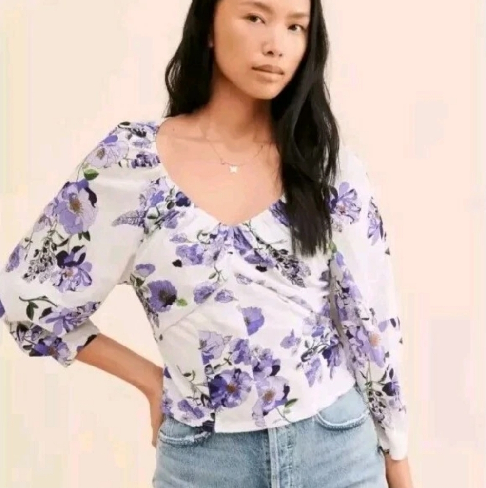 Anthropologie Blouse Long Sleeve Purple Floral Motif V-Neck Size M